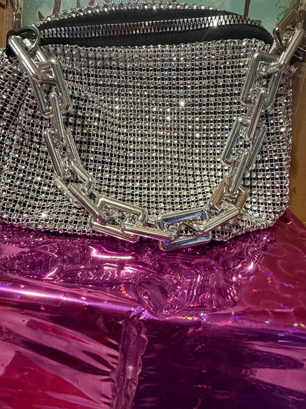 Mini Silver Rhinestone Chain Bucket Bag -Cross Body New - Picture 4 of 5